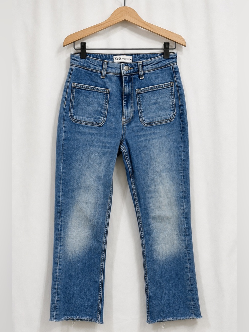 Zara High Rise Crop Straight Jeans Utility Pocket Raw Hem Blue Denim Size US 4